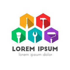 Building, repair and maintenance logo concept with work tool icons. Colorful flat design with long shadow. 