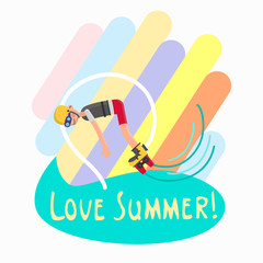 Flyboard man flat character. Color vector illustration