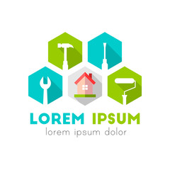 House and work tools as logo concept in flat design with long shadow