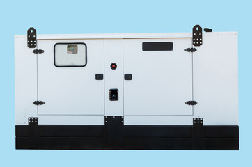 Generator for emergency electric power. Isolated on blue background.
