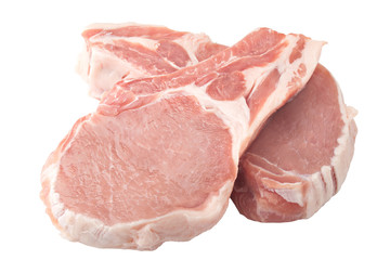 fresh raw meat on white background, pork, beef, chop on a bone, clipping path, full depth of field