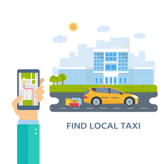 Banner with the machine yellow cab in the city. Hand holding phone with taxi service mobile app .