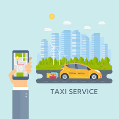 Banner with the machine yellow cab in the city. Hand holding phone with taxi service mobile app .