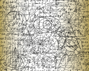 Fototapeta na wymiar Scientific mathematical vector seamless pattern with handwritten formulas, geometrical figures and equations, shuffled together. Old paper effect