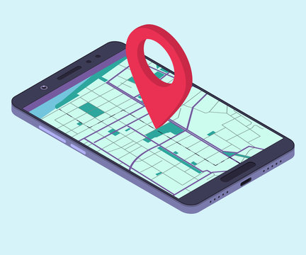 Smartphone with navigation app. Isometric composition. Vector illustration
