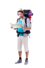 Man lost and looking for direction with map on white