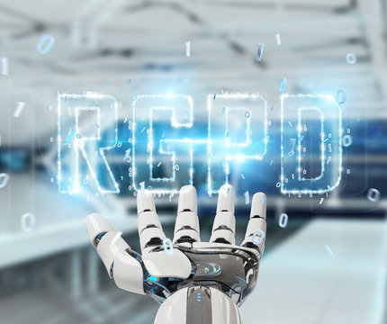White cyborg hand using digital GDPR interface 3D rendering