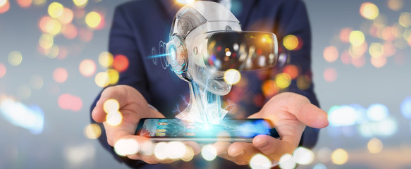 Businessman using virtual reality and artificial intelligence 3D rendering