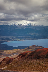 Landscape from the Osorno volcano, in the background you can see the Calbuco volcano and the Llanquihue lake, near Puerto Varas and Puerto Montt, Chile.