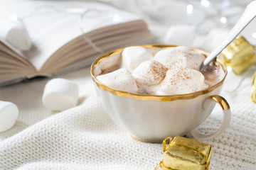 Cup of hot chocolate with marshmallow and book