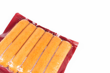 Sausages in plastic pack.