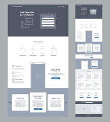 One page website design template for business. Landing page wireframe. Flat modern responsive design. Ux ui website: home, features, offers, order, testimonials, prices, questions, contacts, form, map