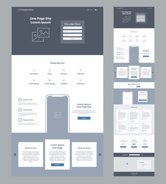 One Page Website Design Template For Business. Landing Page Wireframe. Flat Modern Responsive Design. Ux Ui Website: Home, Features, Offers, Order, Testimonials, Prices, Questions, Contacts, Form, Map