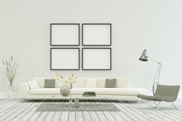 White sofa in modern scandinavian design with four Frames