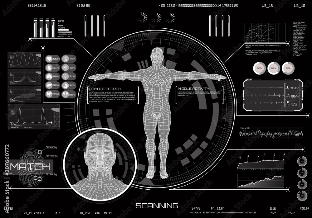 Poster Identification Technology, Authorization Verification Biometric Scanners, Futuristic Identification Interface Images Fingerprints, Face Scan, Temperature Sensor and BPM.  Computer Security Technology