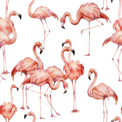 Watercolor flamingo seamless pattern. Hand painted bright exotic birds isolated on white background. Wild life illustration for design, print, fabric or background.