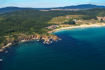 Fototapeta premium Aerial view of Kavatsite - sand dunes near town of Sozopol , Burgas Region, Bulgaria 