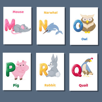 Alphabet printable flashcards vector collection with letter M N O P Q R. Zoo animals for english language education.