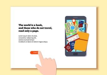 Mobile phone template in paper cut style. Smartphone with things for travel and hand. Black craft flat phone with suitcase passport luggage map. Vector card illustration. Landing page.