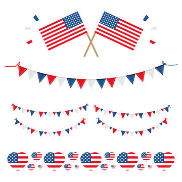 Set, collection of design elements with national usa flag for american holidays, such as fourth of july, veterans day, memorial day.