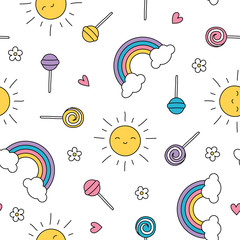 Summer lollipop pastel rainbow sun seamless pattern