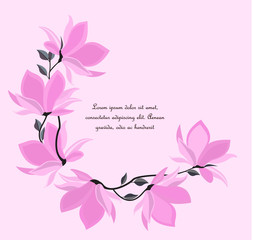 Vector illustration branches with floral decoration. Spring magnolia. Frame with pink flowers