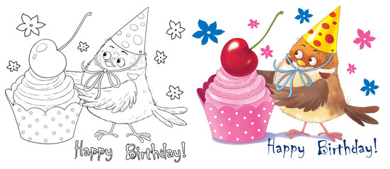 Obraz premium Cute and funny animals. Sparrow. Cartoon characters. Coloring page. Illustration for children