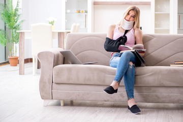 Injured woman student preparing to exams