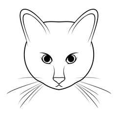 Vector illustration, isolated symmetrical head of domestic cat in black and white colors, outline hand painted drawing