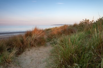 Looking out to sea over a grass covered sand dune at sunrise