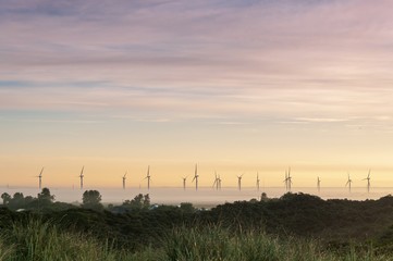 Wind turbines rising out of the mist at sunrise on a summer's morning