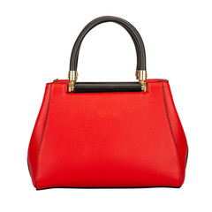 Fashionable red classic ladies handbag of solid textured leather with black elegant handles and...