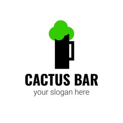 Vector logo for beer pub. Logotype for Cactus bar. The logo is a mug of beer and a cactus. 