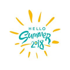 Fototapeta na wymiar Vector lettering template Hello Summer 2018 and rays of the sun.