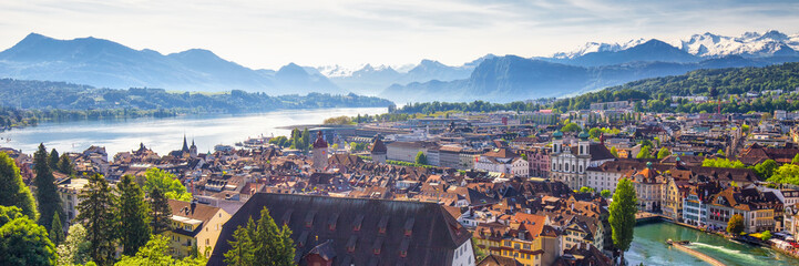 Historic city center of Lucerne with famous Chapel Bridge and lake Lucerne (Vierwaldstattersee),...