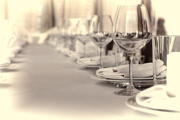 Banquet hall in the restaurant. toned, Concept: Serving. Celebration, Anniversary, Wedding, copy space