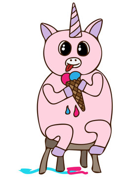Cute colorful character unicorn eating icecream.