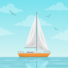 Sailboat vector illustration. Small boat with a sail, sailing ship on the sea. Flat style image