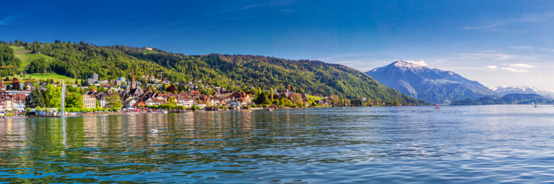 Zug old town with colorful houses, Zugersee and Rigi mountain, Zug, Switzerland, Europe.
