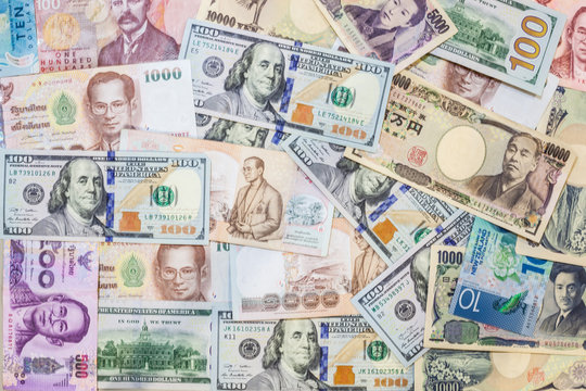 Various International Foreign Currency Banknotes Background. International Trade, Money Cross Border Concept