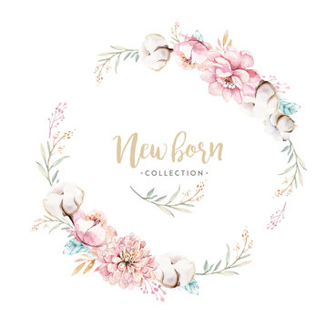 Watercolor boho floral wreath with cotton. Bohemian natural frame: leaves, feathers, flowers, Isolated on white background. Artistic decoration illustration. Save the date, weddign design