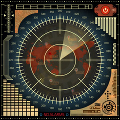 Digital radar screen with world map, targets and futuristic user interface
