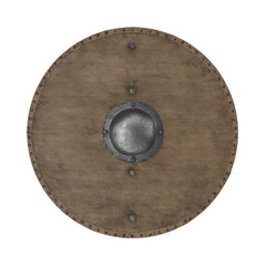 Medieval Round Wooden Shield on white. 3D illustration