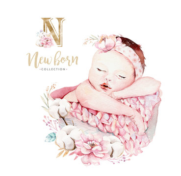 Cute newborn watercolor baby. New born child illustration girl and boy painting. Baby shower isolated birthday painting card.
