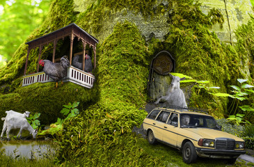 A friendly life of forest dwellers in their homes. A children's collage about the life of animals