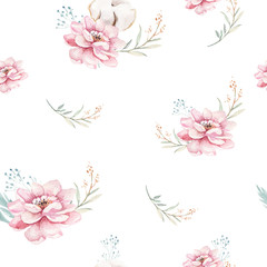 Watercolor seamless floral pattern with cotton. Bohemian natural patterns: leaves, feathers, flowers, rose boho white background. Artistic decoration illustration. Textile design