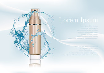 Vector illustration,empty bronze gold package for cosmetic products with pump, tube for lotion, tonic, cream. Realistic mockup of glass container with batcher. Abstract stylish gradient background.
