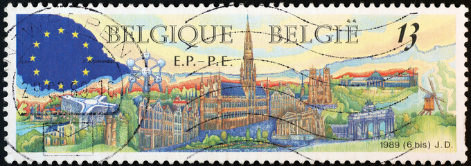 Fototapeta na wymiar European Council of Brussel on belgian postage stamp