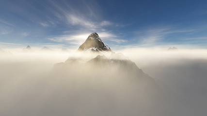 steep mountain peak surrounded by low hanging clouds and mist
