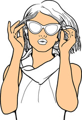 Beautiful girl wearing sunglasses. Graphic arts. Circuit. Art. Coloring. People. Summer
